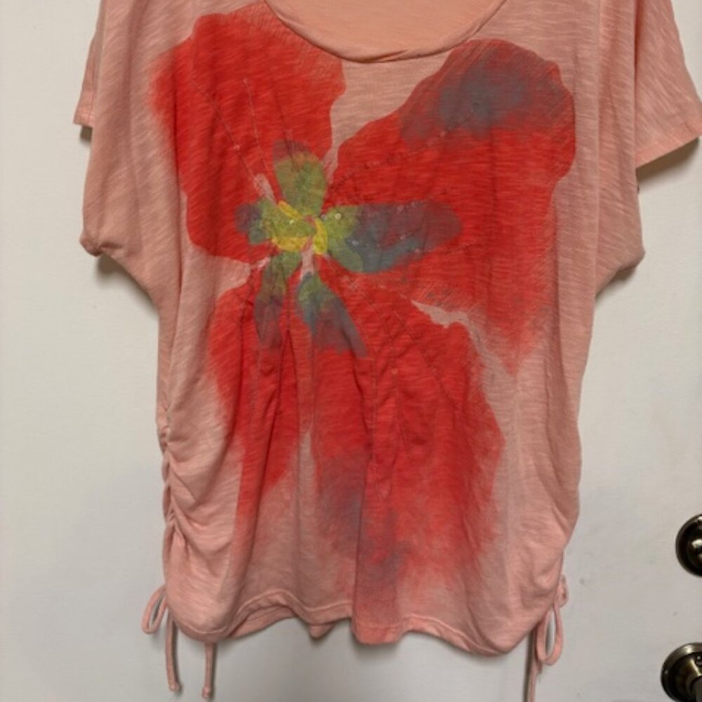 Style & Co Womens Tunic. Flower & Sequin Design. Drawstring Sides, Sz. 1X